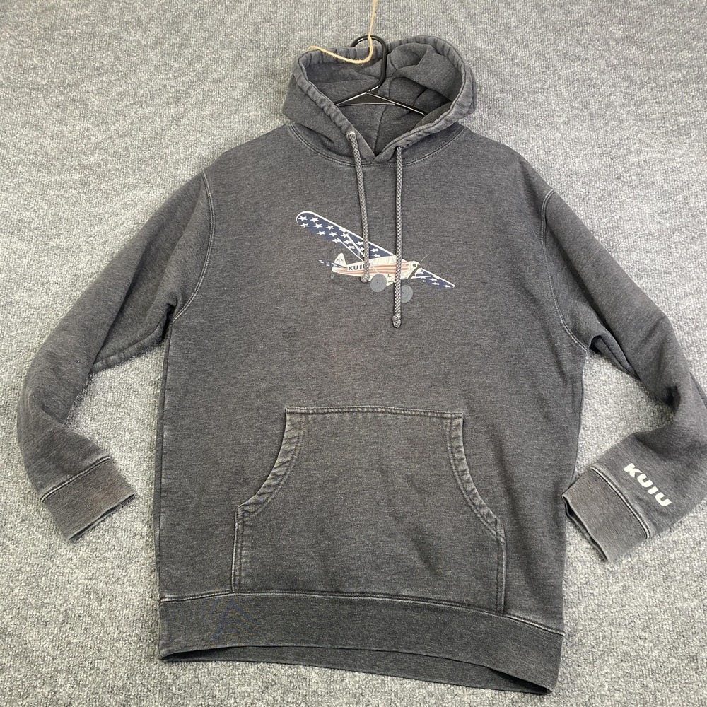 KUIU Hoodie Sweatshirt Mens Medium Gray USA Flag Airplane Graphic Pullover Logo